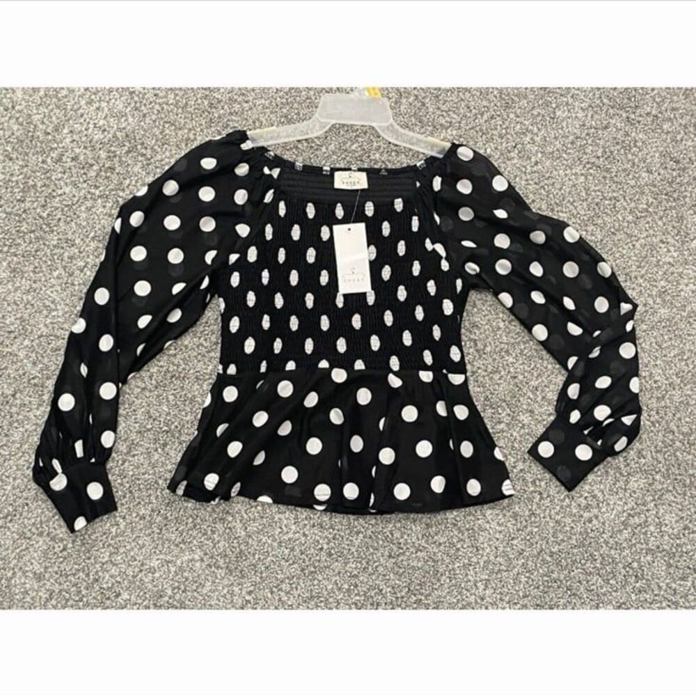NWT Ember top black white polka dot smocked womens size small sheer sleeves